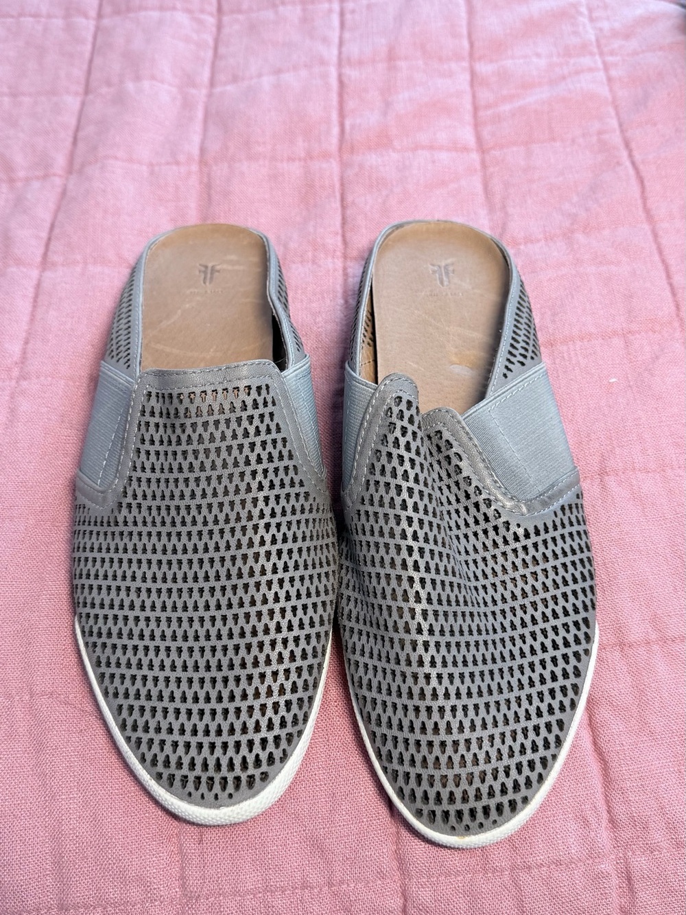 Frye Grey Perforated Leather Slip-On Mules